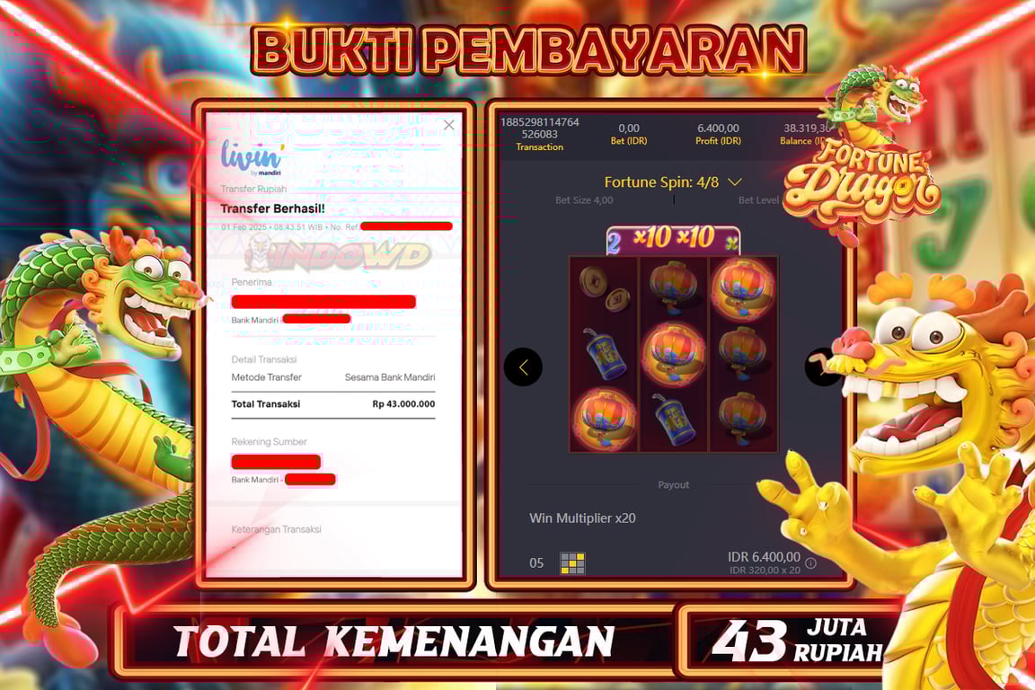 INDOWD JACKPOT SLOT FORTUNE DRAGON Rp43.000.000,- LUNAS