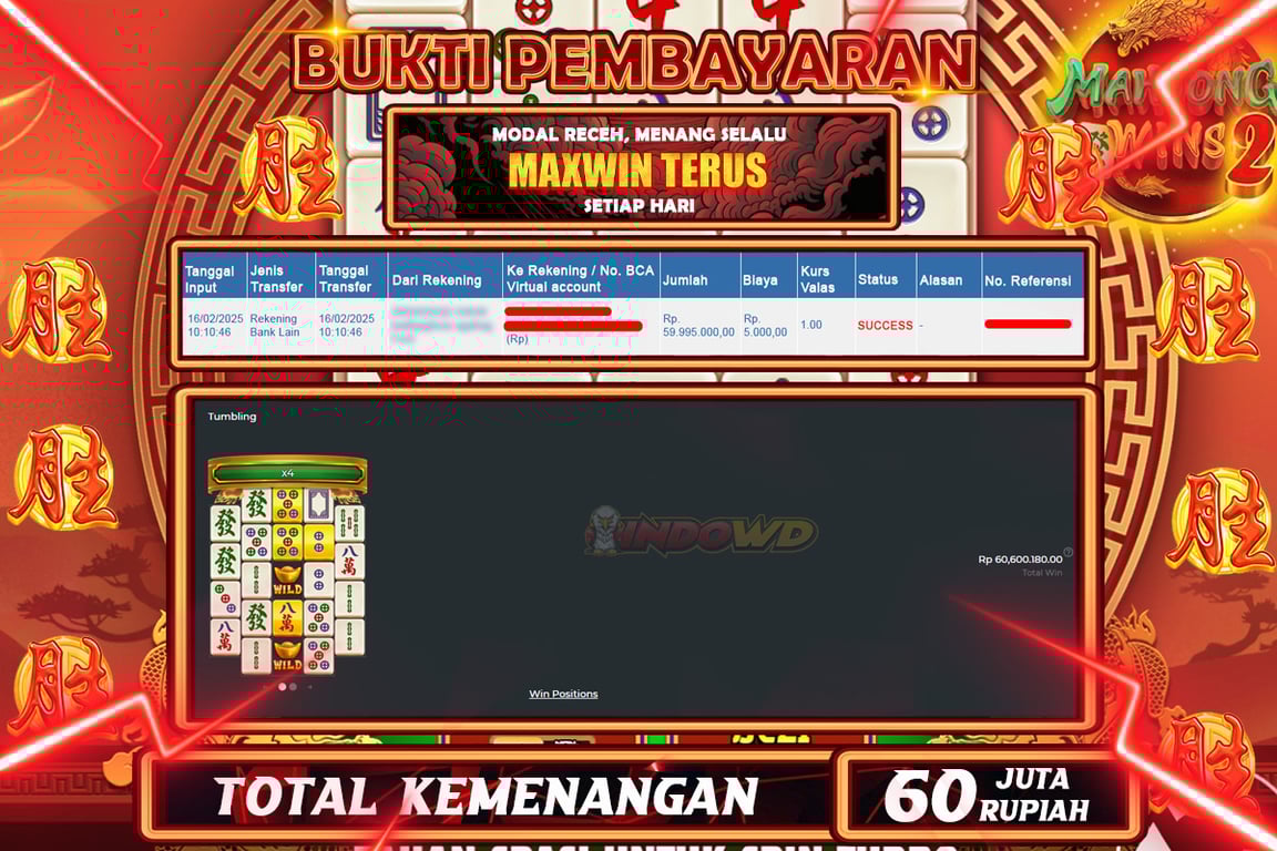 INDOWD JACKPOT SLOT MAHJONG WINS 2 Rp.60.000.000,- LUNAS