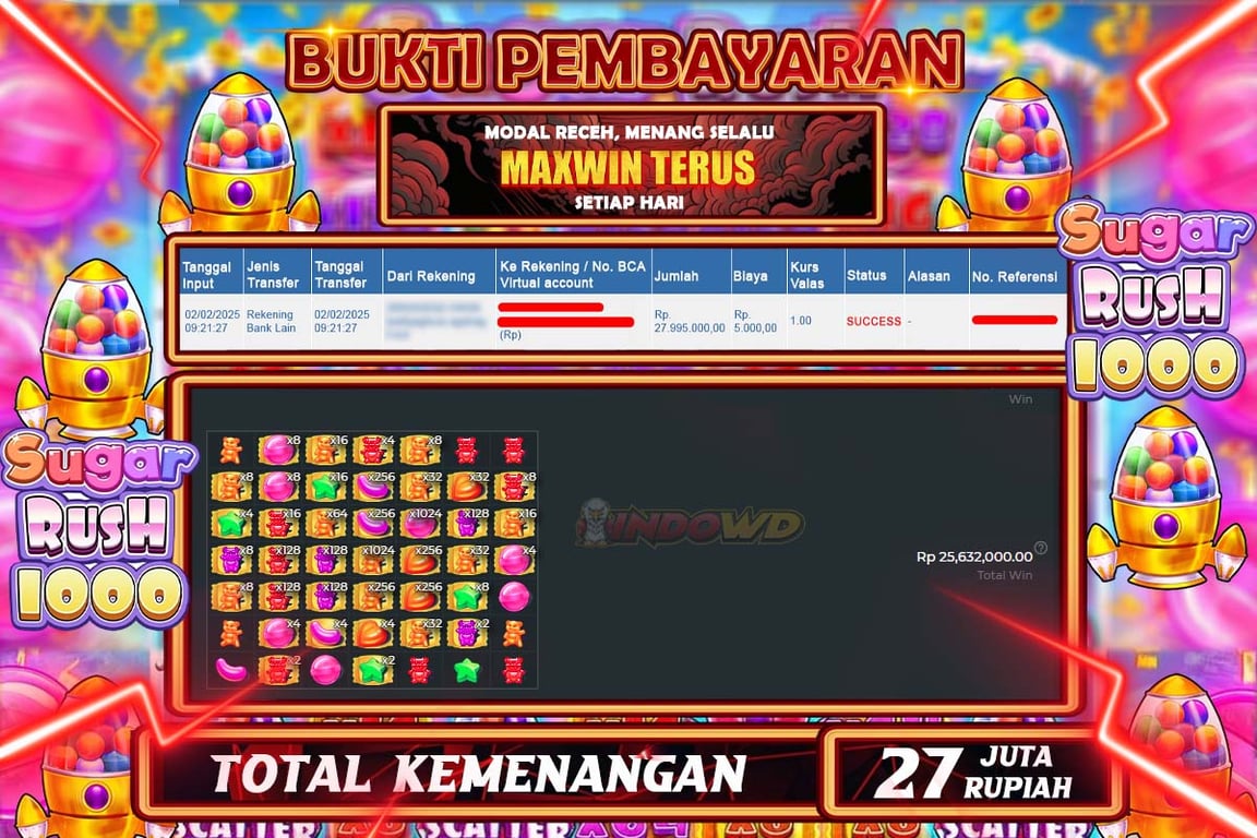 INDOWD JACKPOT SLOT SUGAR RUSH 1000 Rp.27.000.000,- LUNAS