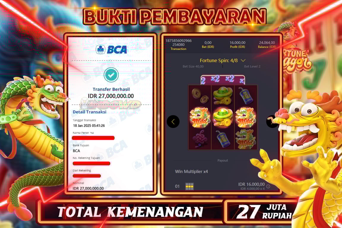 INDOWD JACKPOT SLOT FORTUNE DRAGON Rp27.000.000,- LUNAS