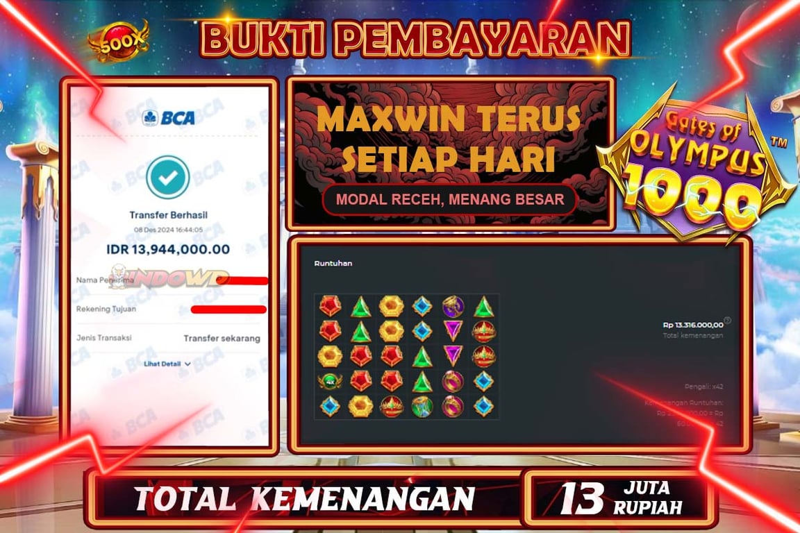 INDOWD JACKPOT SLOT GATES OF OLYMPUS 1000  Rp.13.944.000,- LUNAS