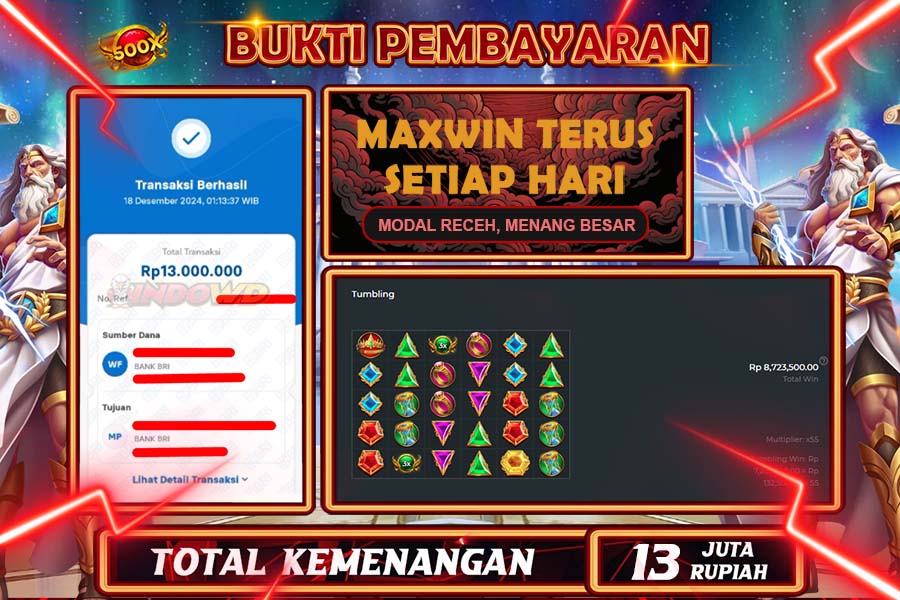 INDOWD JACKPOT LIVE GAMES  SLOT GATES OF OLYMPUS 1000 Rp.13.000.000,- LUNAS