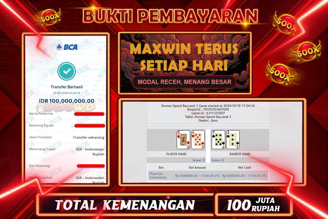 INDOWD JACKPOT BACCARAT Rp.100.000.000,- LUNAS