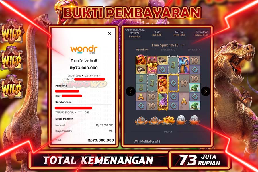 INDOWD JACKPOT SLOT JURASSIC KINGDOM Rp 73.000.000,- LUNAS