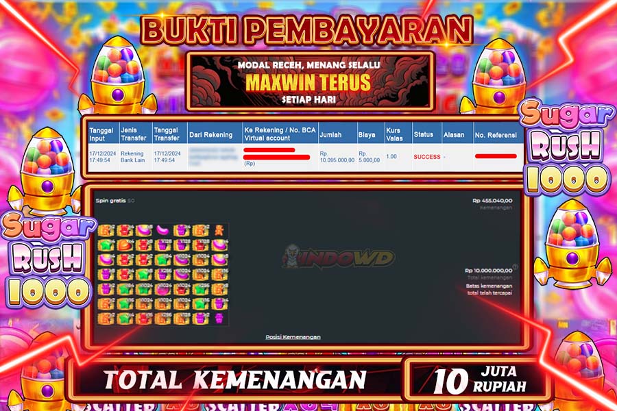 INDOWD JACKPOT LIVE GAMES  SLOT SUGAR RUSH 1000  Rp.10.000.000,- LUNAS