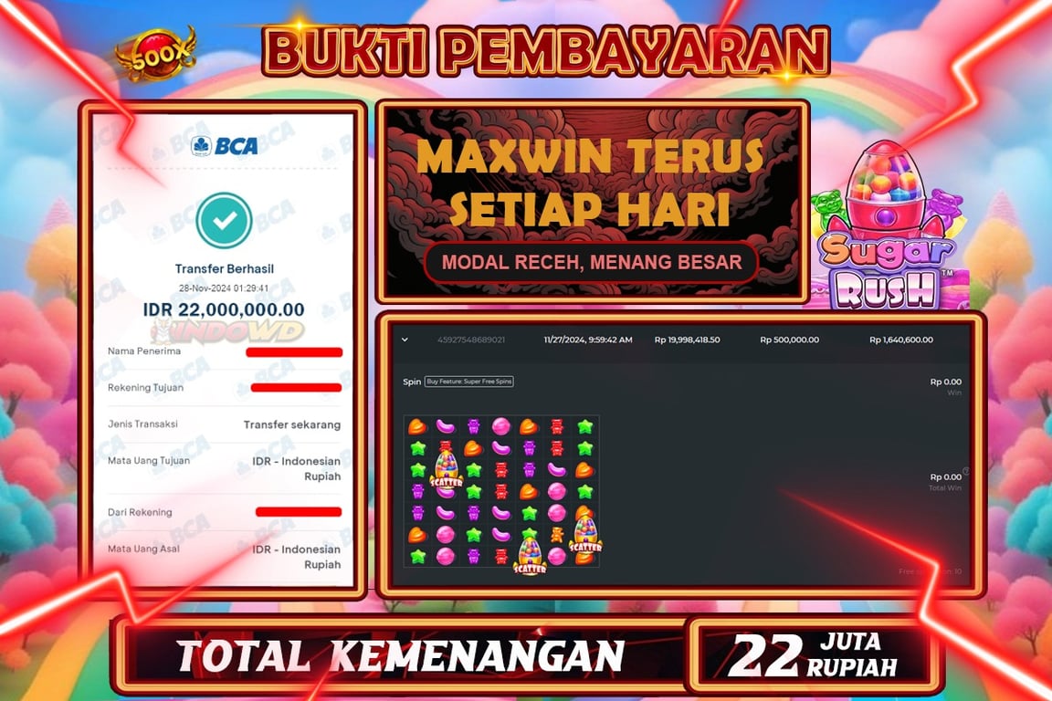 INDOWD JACKPOT SLOT SUGAR RUSH 1000 Rp.22.000.000,- LUNAS
