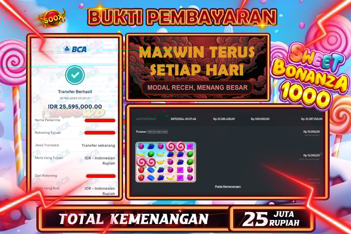 INDOWD JACKPOT SLOT SWEET BONANZA 1000 Rp.25.595.000,- LUNAS