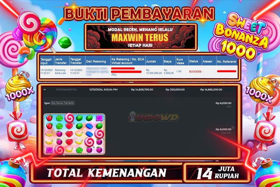 INDOWD JACKPOT SLOT SWEET BONANZA 1000  Rp.14.000.000,- LUNAS