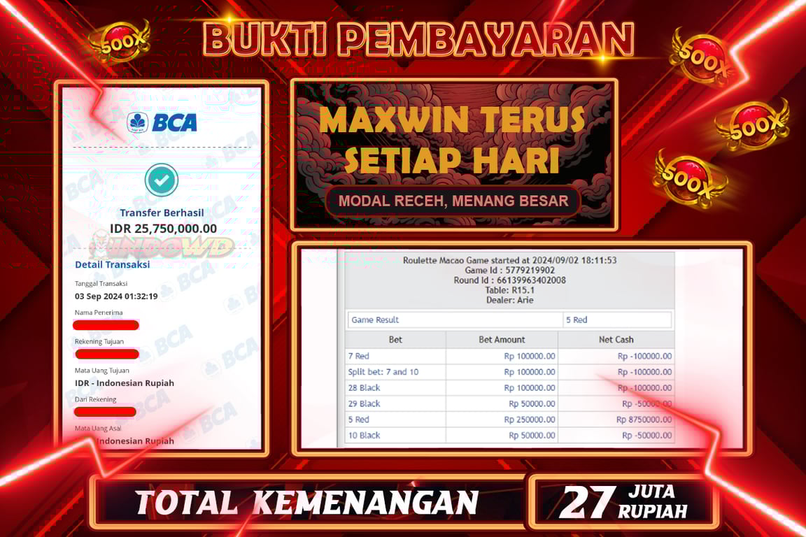 INDOWD JACKPOT LIVE GAME PP ROULETTE Rp.27.750.000,- LUNAS