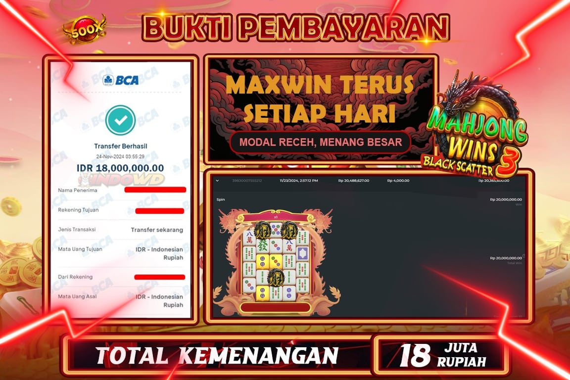 INDOWD JACKPOT SLOT MAHJONG WINS 3 Rp.18.000.000,- LUNAS