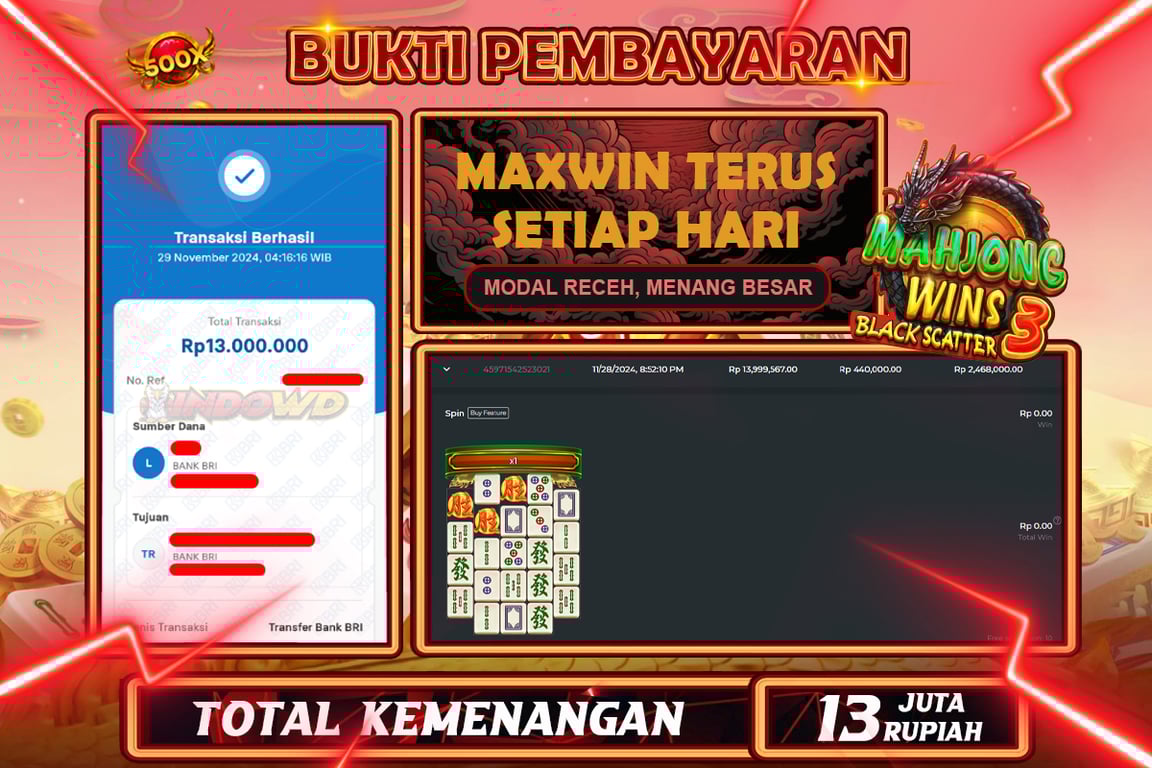 INDOWD JACKPOT SLOT MAHJONS WINS 3 Rp.13.000.000,- LUNAS