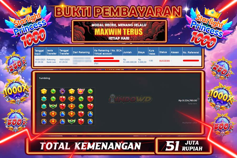 INDOWD JACKPOT SLOT STARLIGHT PRINCES 1000 Rp51.500.000,- LUNAS