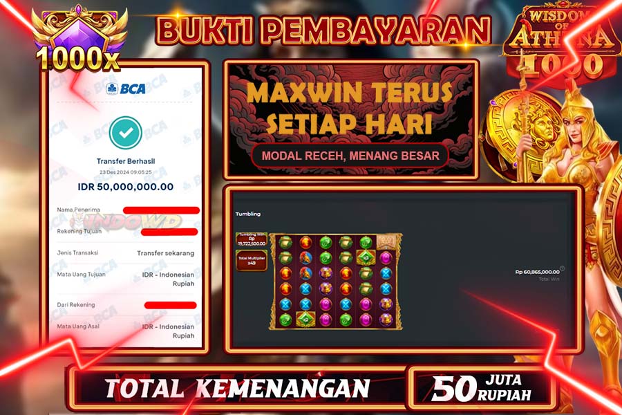 INDOWD JACKPOT LIVE GAMES  SLOT WISDOM OF ATHENA 1000 Rp.50.000.000,- LUNAS