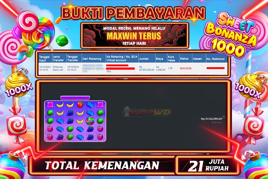 INDOWD JACKPOT LIVE GAMES  SLOT SWEET BONANZA 1000 Rp.21.000.000,- LUNAS