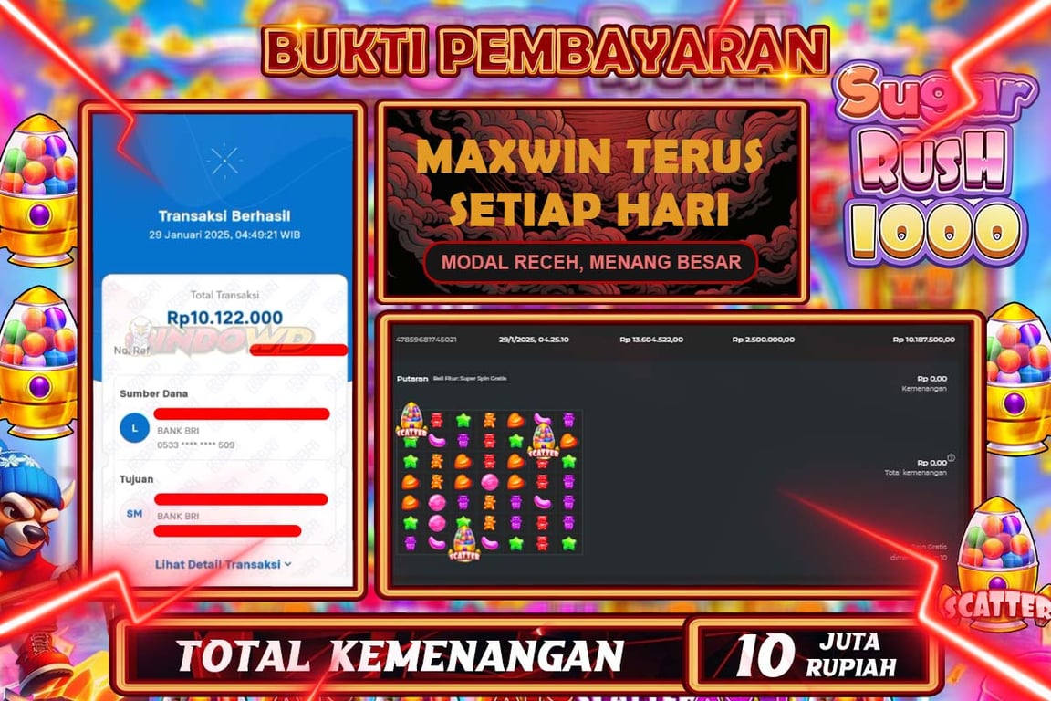 INDOWD JACKPOT SLOT SUGAR RUSH 1000 Rp10.122.500,- LUNAS