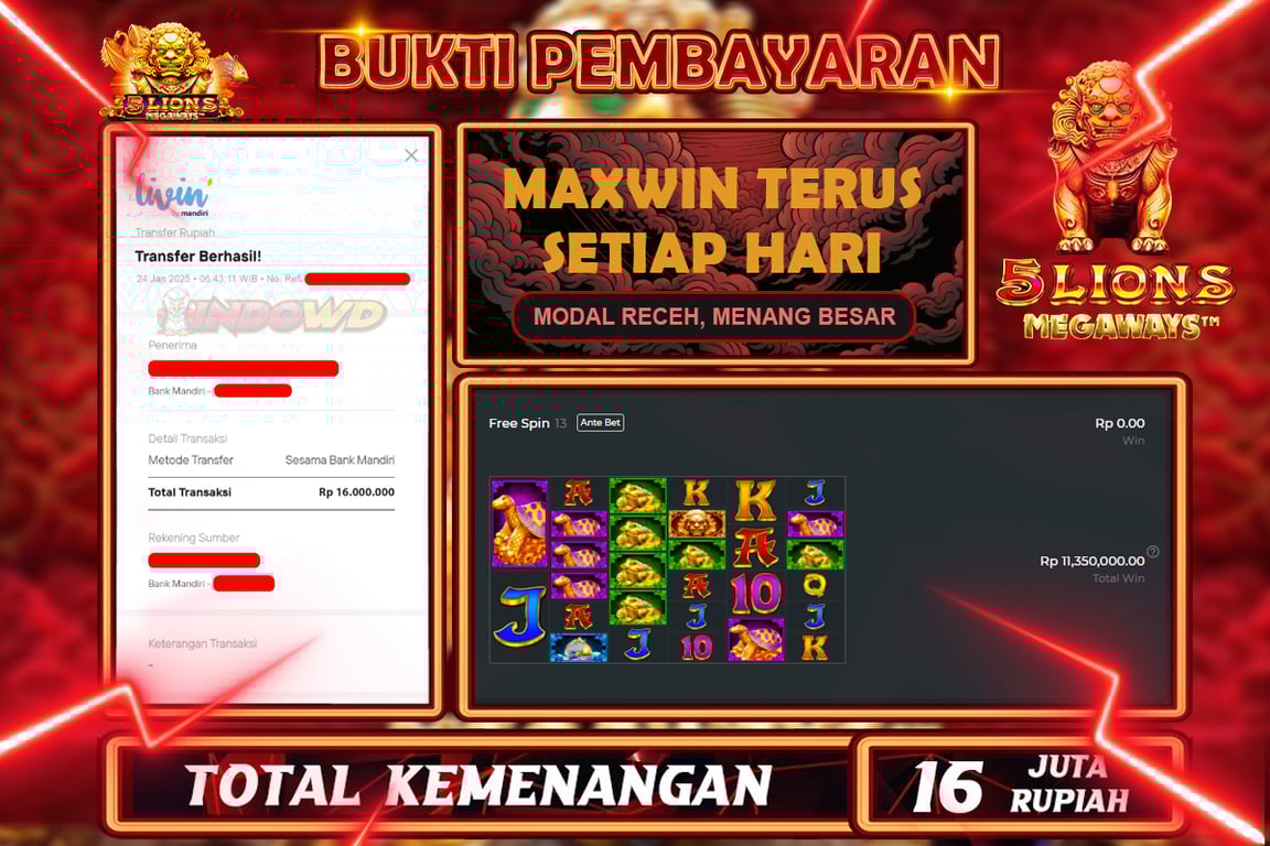 INDOWD JACKPOT SLOT 5 LIONS MEGAWAYS Rp16.000.000,- LUNAS