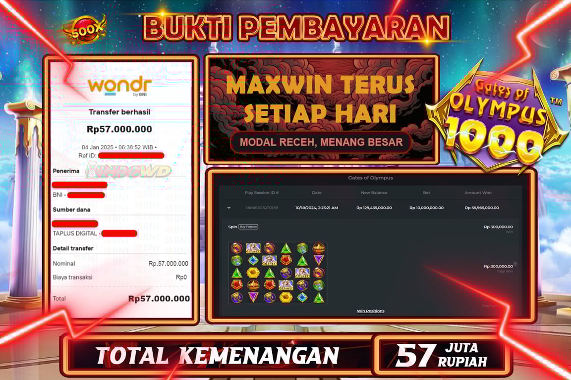 INDOWD JACKPOT SLOT GATES OF OLYMPUS 1000 Rp.57.000.000,- LUNAS