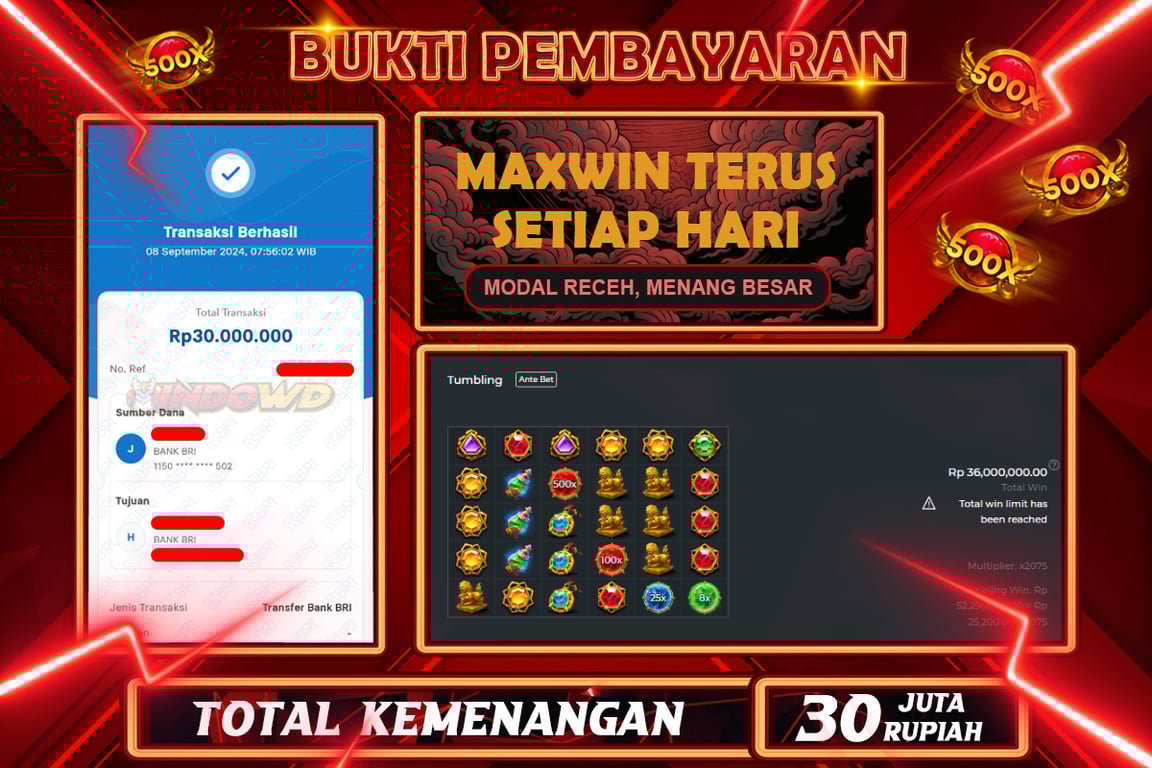 INDOWD JACKPOT SLOT GATOT KACA 1000 Rp.30.000.000,- LUNAS