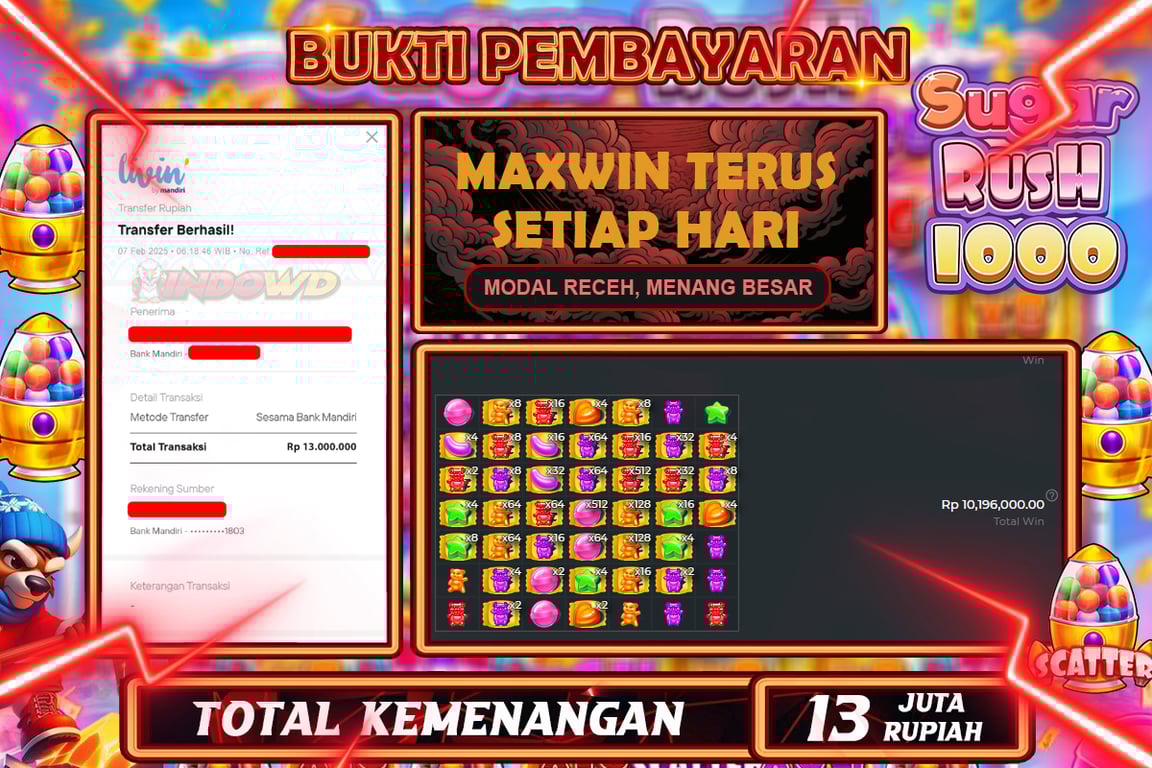 INDOWD JACKPOT SLOT SUGAR RUSH 1000 Rp13.000.000,- LUNAS