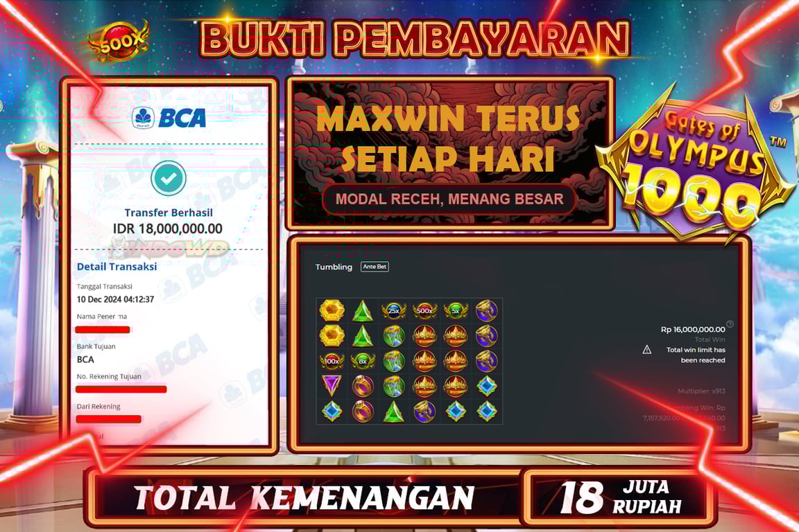 INDOWD JACKPOT SLOT GATES OF OLYMPUS 1000  Rp.18.000.000,- LUNAS
