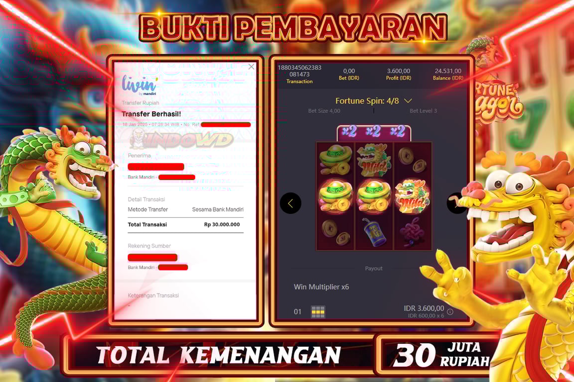 INDOWD JACKPOT SLOT FORTUNE DRAGON Rp.30.000.000,- LUNAS