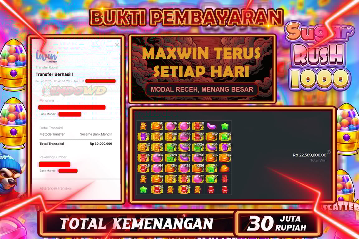 INDOWD JACKPOT SLOT SUGAR RUSH 1000 Rp30.000.000,- LUNAS
