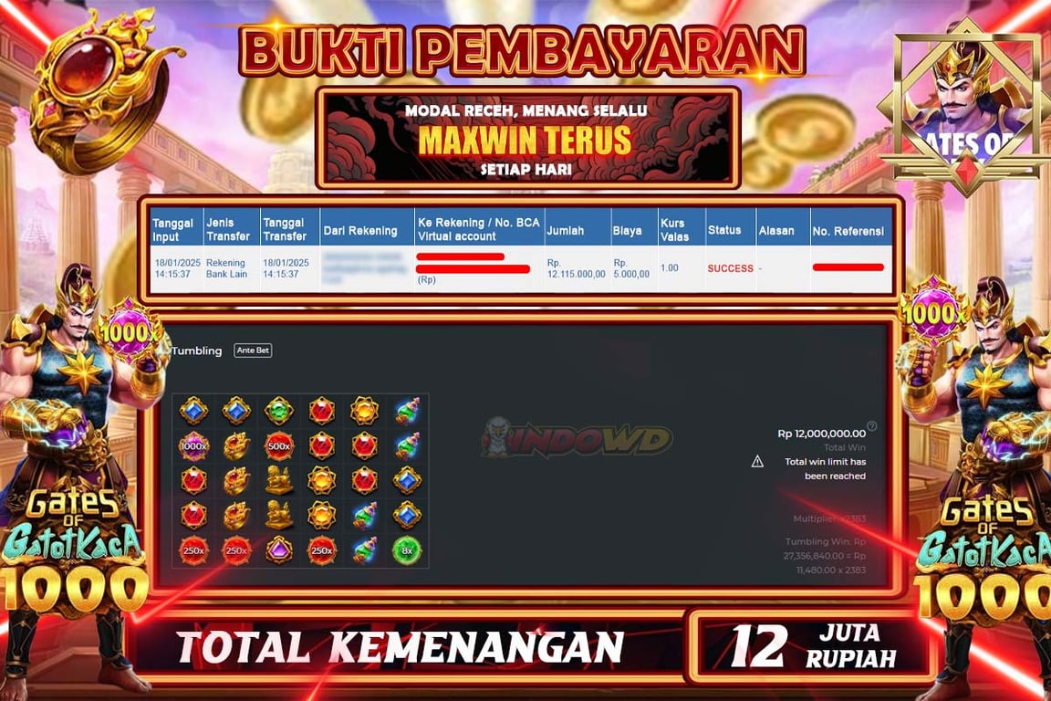INDOWD JACKPOT SLOT GATES OF GATOT KACA 1000 Rp12.120.000,- LUNAS