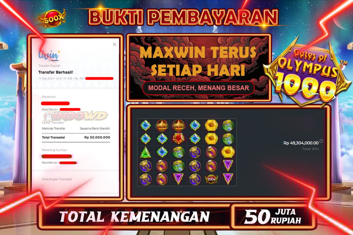 INDOWD JACKPOT SLOT GATES OF OLMYPUS 1000 Rp.50.000.000,- LUNAS