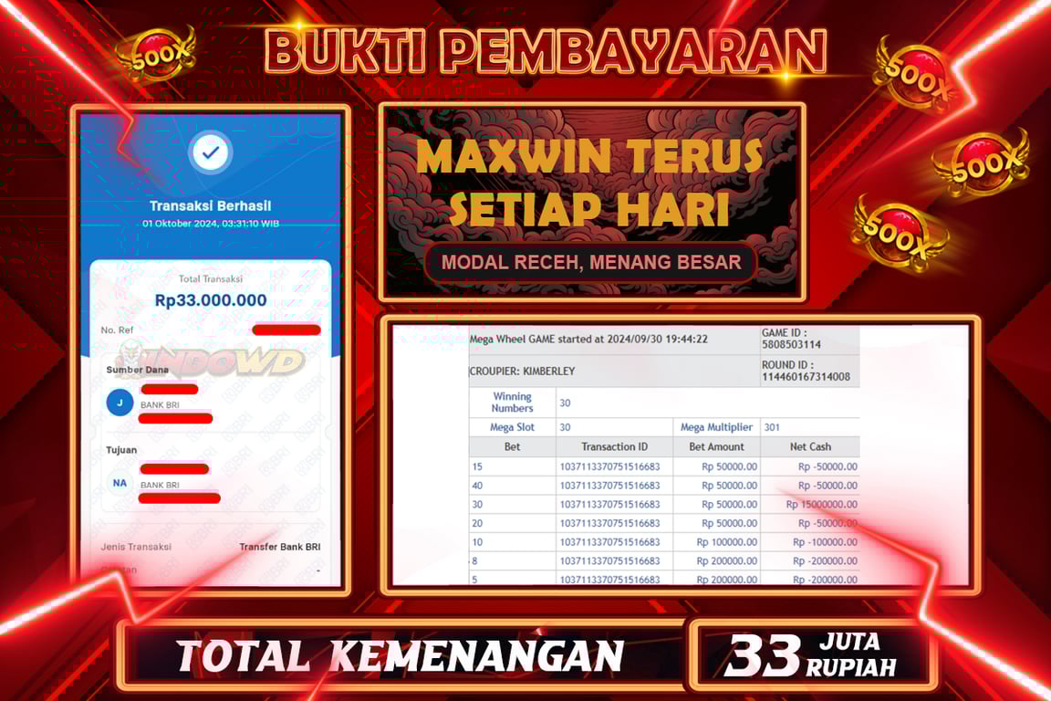 INDOWD JACKPOT CASINO MEGA WHEEL GAMES Rp.33.000.000,- LUNAS