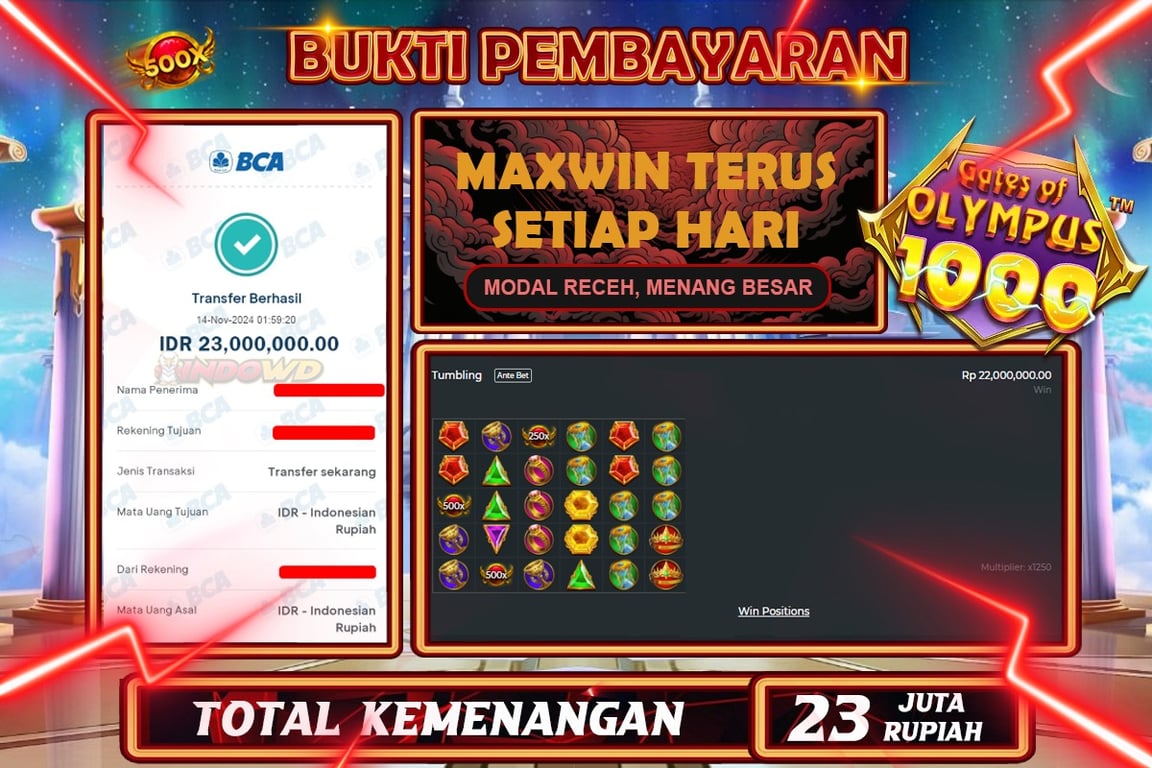 INDOWD JACKPOT SLOT GATES OF OLMYPUS 1000 Rp.23.000.000,- LUNAS
