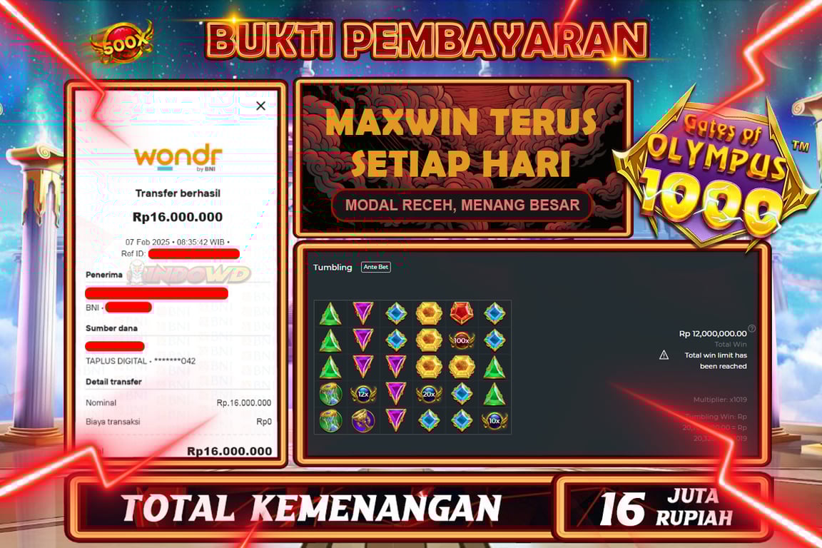 INDOWD JACKPOT SLOT GATES OF OLYMPUS 1000 Rp16.000.000,- LUNAS