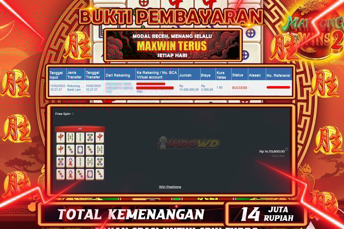 INDOWD JACKPOT SLOT MAHJONG WINS 2 Rp14.005.000,- LUNAS
