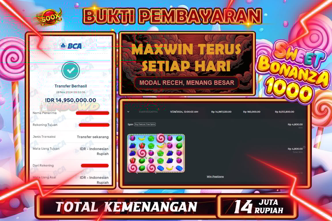 INDOWD JACKPOT SLOT SWEET BONANZA 1000 Rp.14.950.000,- LUNAS