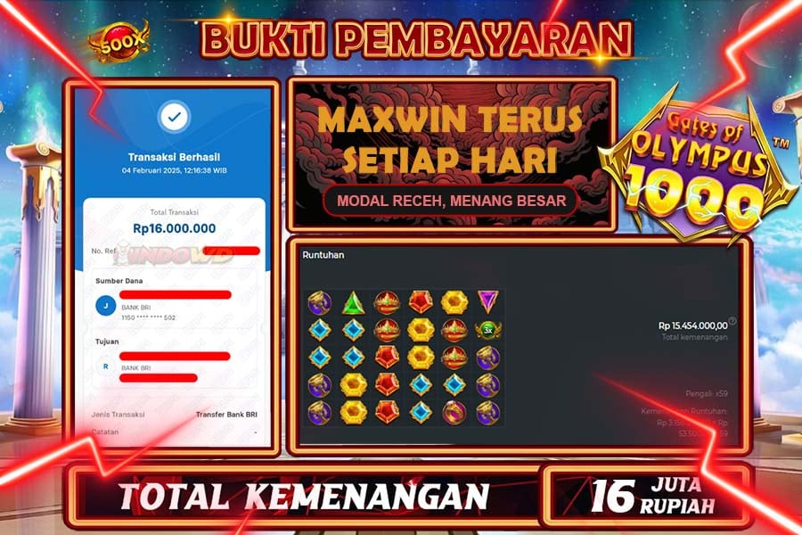 INDOWD JACKPOT SLOT GATES OF OLYMPUS 1000  Rp16.000.000,- LUNAS