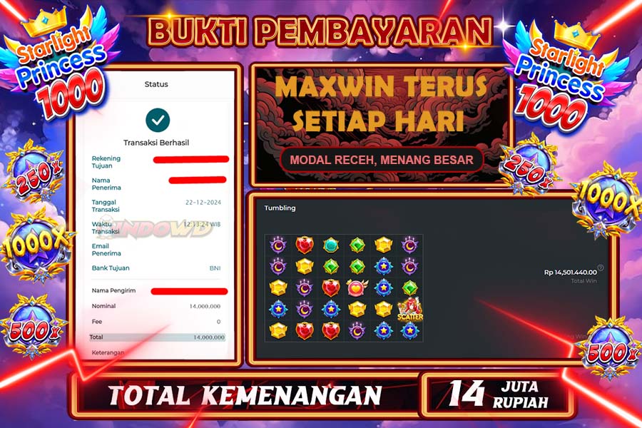 INDOWD JACKPOT LIVE GAMES SLOT STARLIGHT PRINCES 1000 Rp.14.000.000,- LUNAS