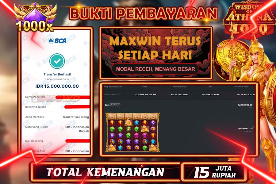 INDOWD JACKPOT LIVE GAMES  SLOT WISDOM OF ATHENA 1000 Rp.15.000.000,- LUNAS