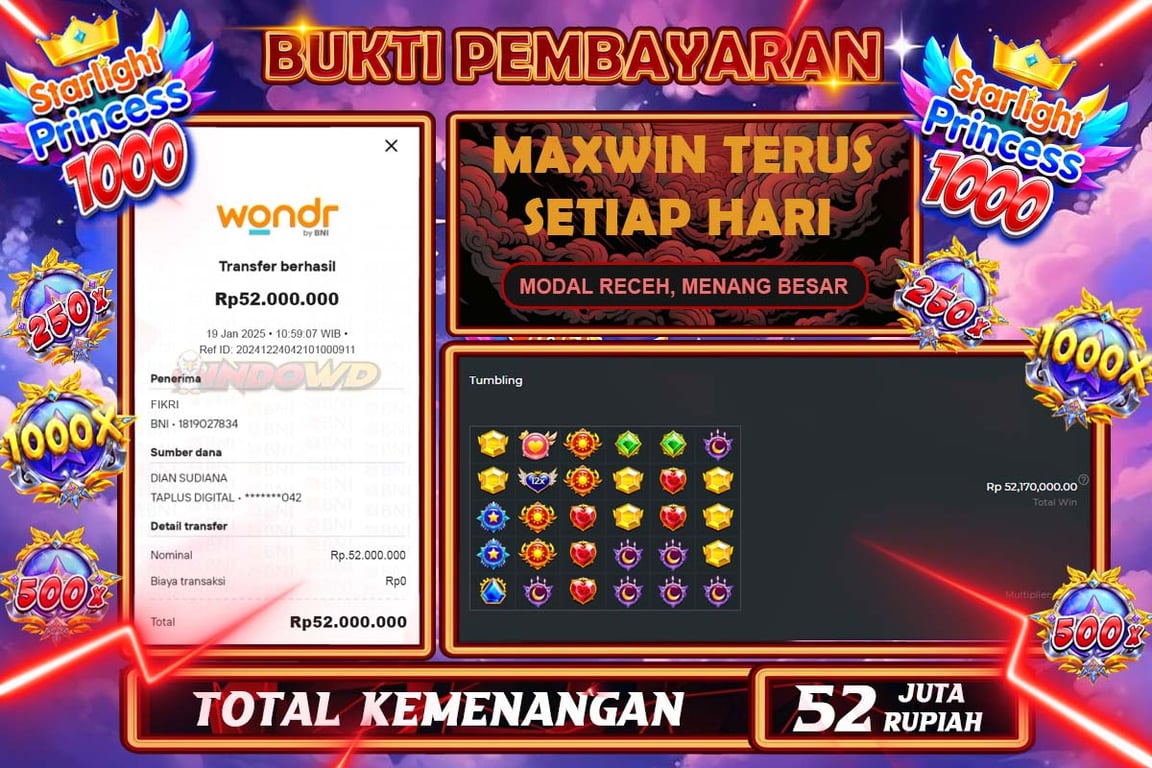 INDOWD JACKPOT SLOT STARLIGHT PRINCES 1000 Rp52.000.000,- LUNAS