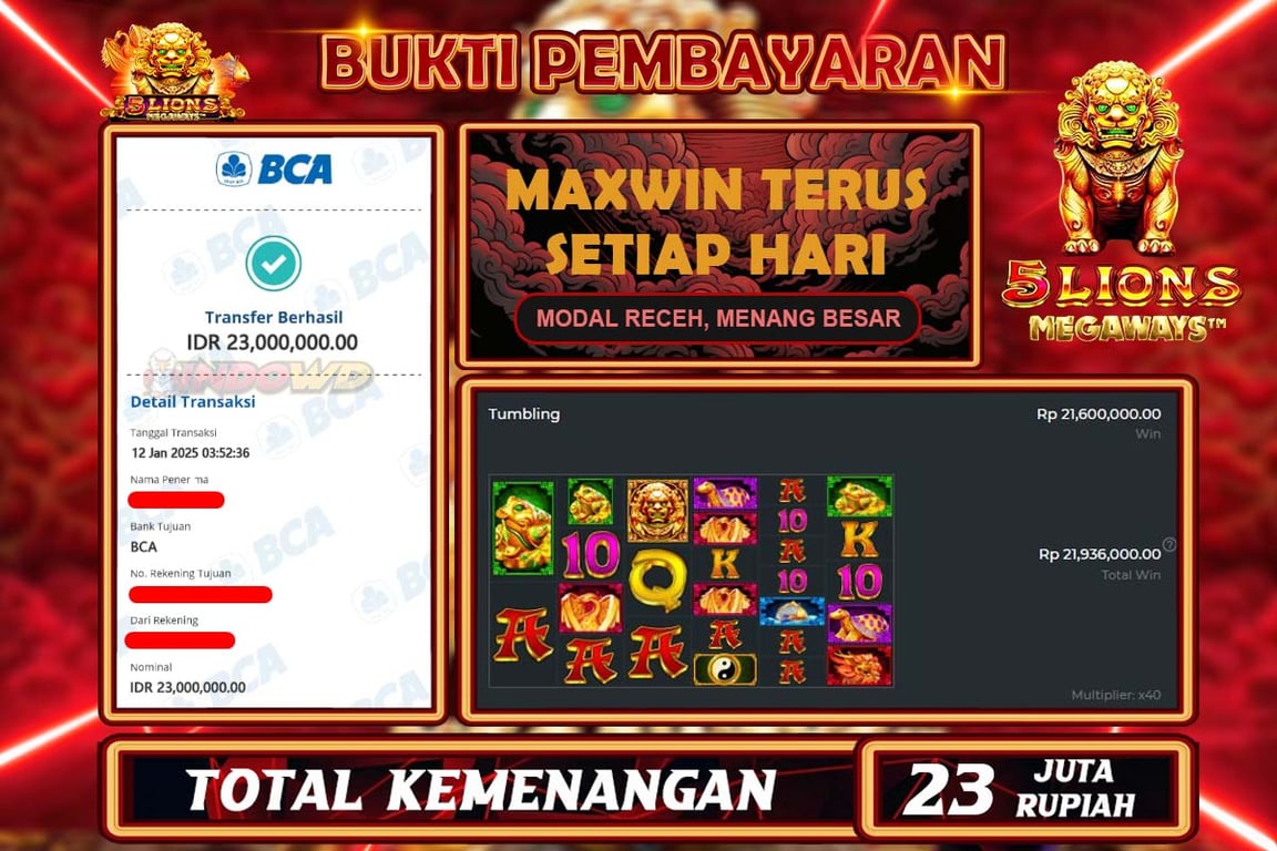 INDOWD JACKPOT SLOT 5 LIONS MEGAWAYS Rp 23.000.000,- LUNAS