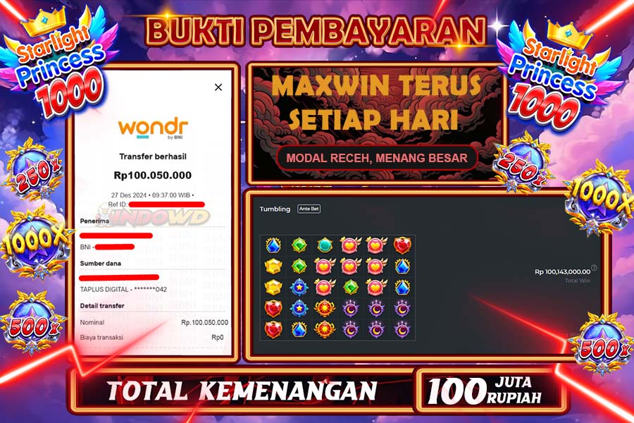 INDOWD JACKPOT SLOT STARLIGHT PRINCES 1000 Rp100.050.000,- LUNAS