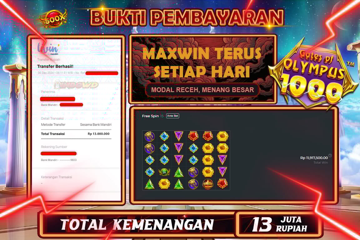 INDOWD JACKPOT SLOT GATES OF OLYMPUS 1000  Rp.13.000.000,- LUNAS