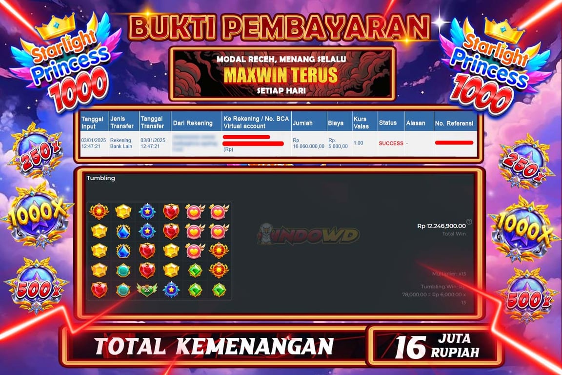 INDOWD JACKPOT SLOT STARLIGHT PRINCES 1000 Rp.16.065.000,- LUNAS