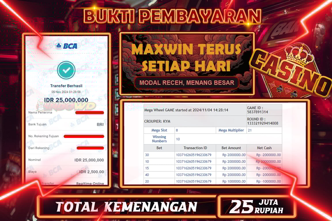 INDOWD JACKPOT CASINO MEGA WHEELS GAME Rp.25.000.000,- LUNAS