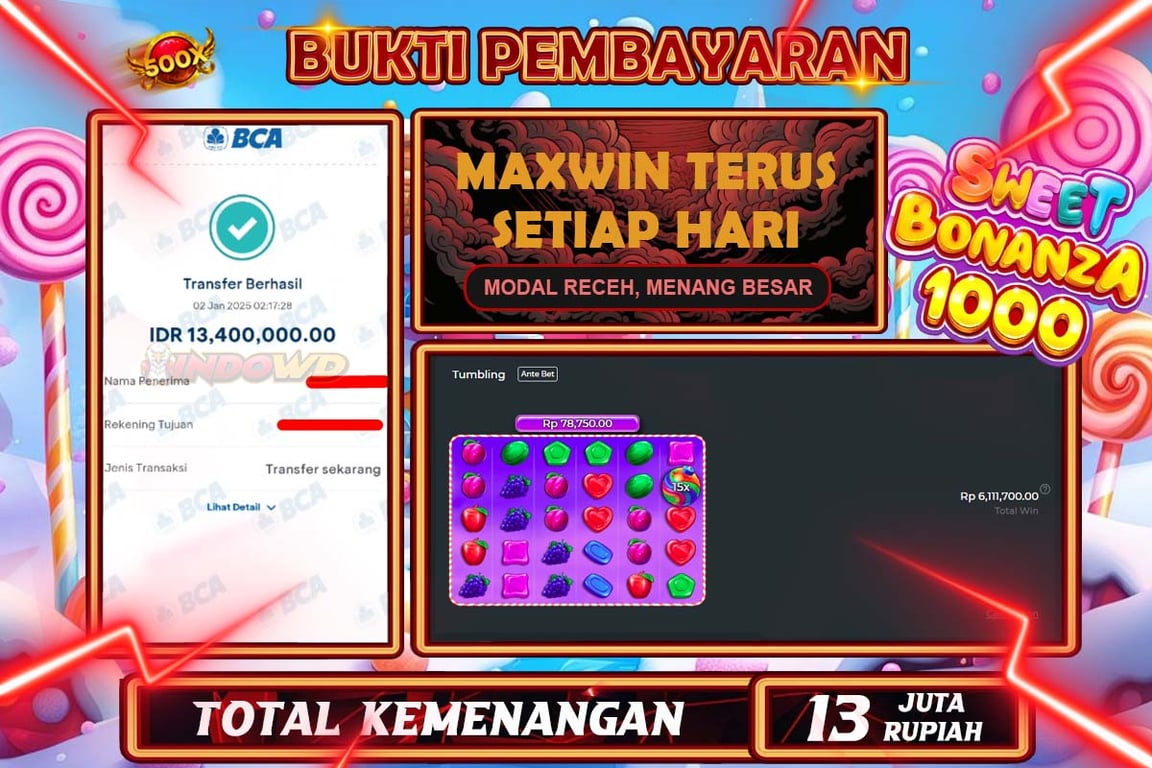 INDOWD JACKPOT SLOT SWEET BONANZA Rp.13.400.000,- LUNAS