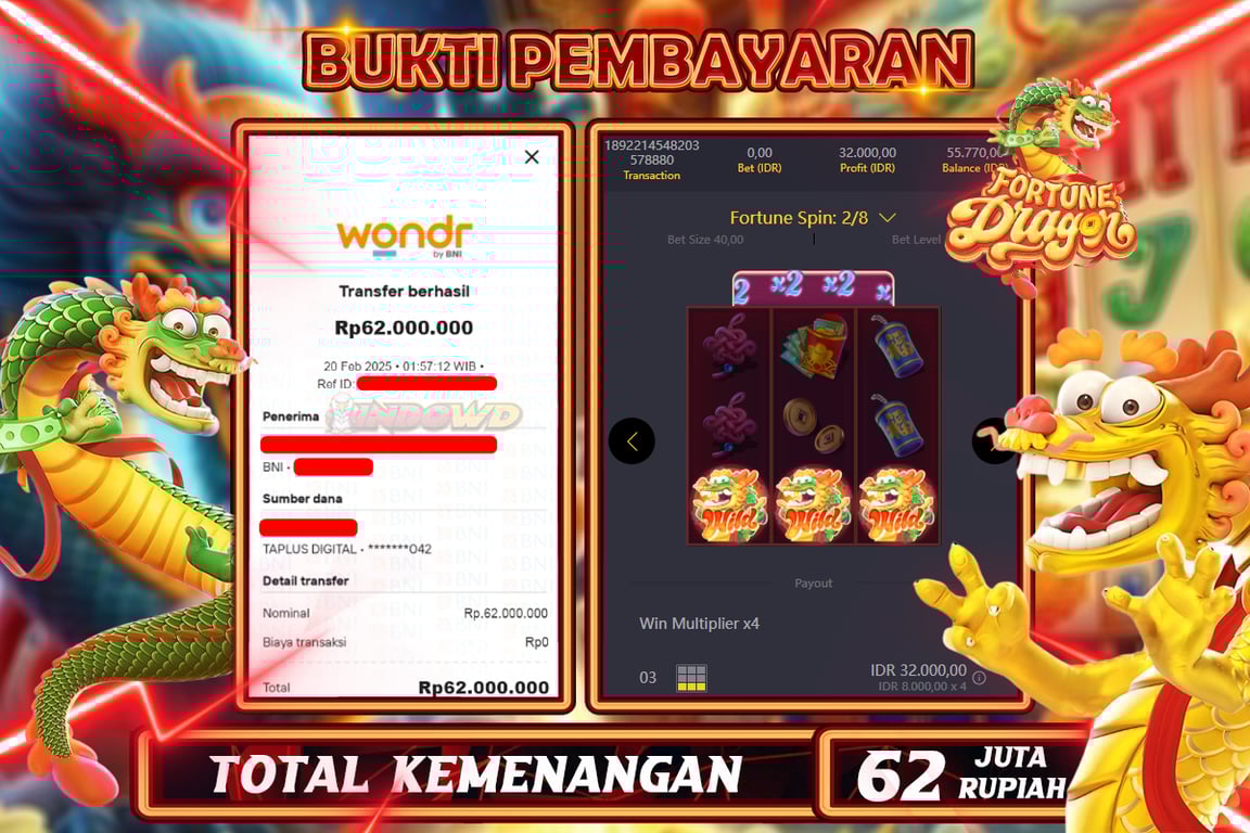 INDOWD JACKPOT SLOT FORTUNE DRAGON Rp.62.000.000,- LUNAS