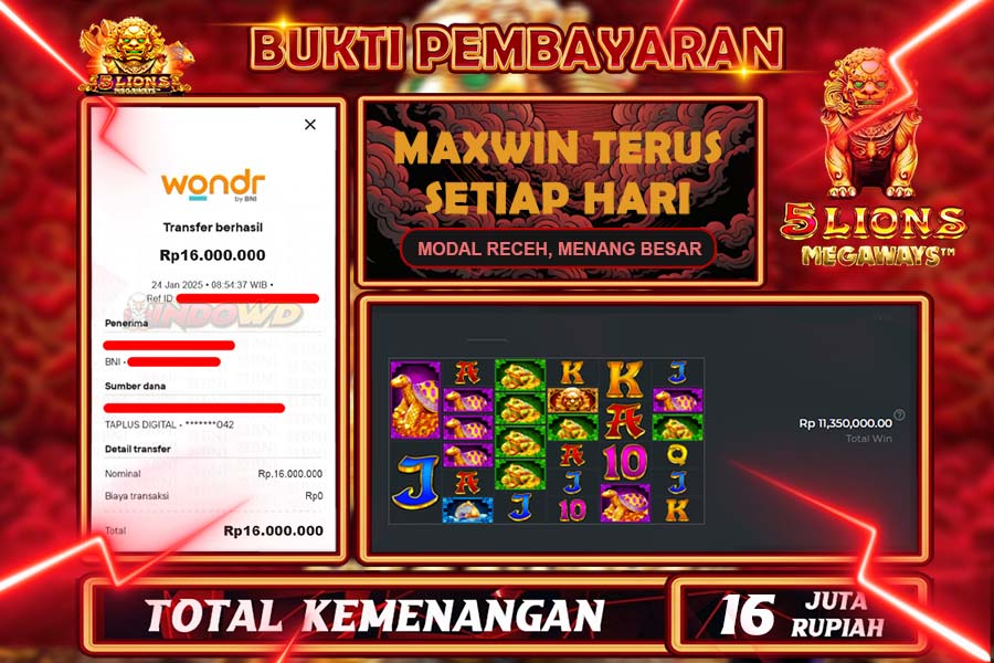 INDOWD JACKPOT SLOT 5 LIONS MEGAWAYS Rp16.000.000,- LUNAS