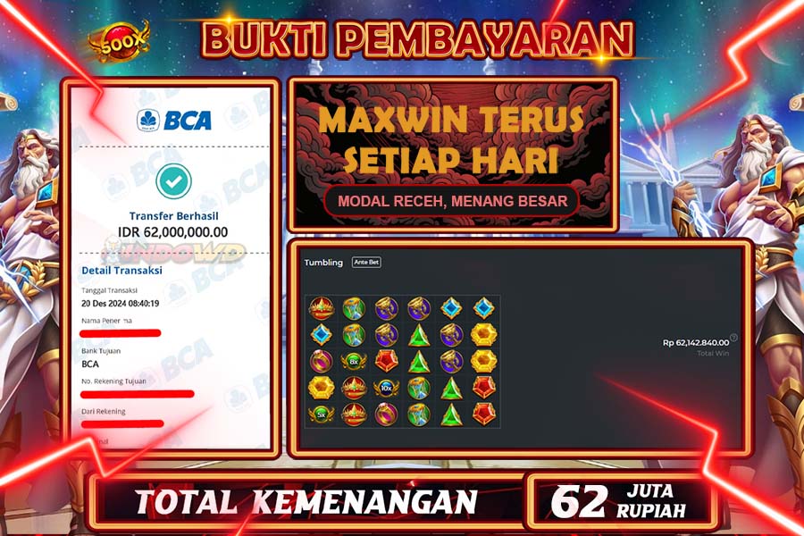 INDOWD JACKPOT LIVE GAMES  SLOT GATES OF OLYMPUS 1000 Rp.62.000.000,- LUNAS