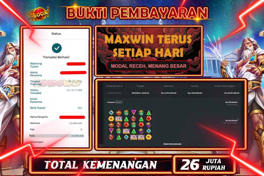 INDOWD JACKPOT LIVE GAMES  SLOT GATES OF OLYMPUS 1000 Rp.26.000.000,- LUNAS