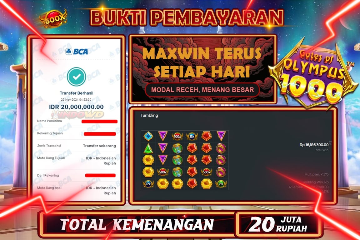 INDOWD JACKPOT SLOT GATES OF OLYMPUS 1000 Rp.20.000.000,- LUNAS