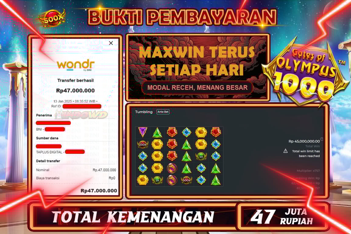 INDOWD JACKPOT SLOT GATES OF OLYMPUS 1000 Rp 47.000.000,- LUNAS