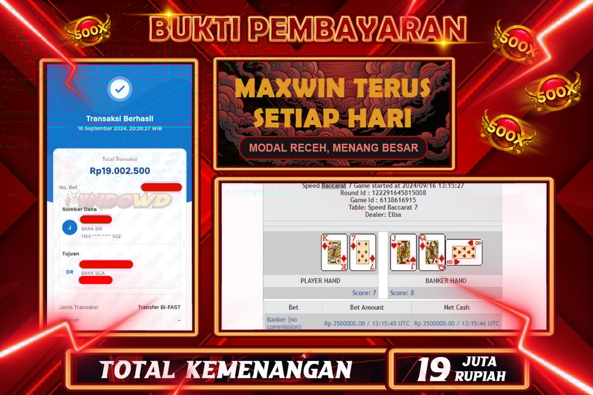 INDOWD JACKPOT BACCARAT Rp.19.000.000,- LUNAS